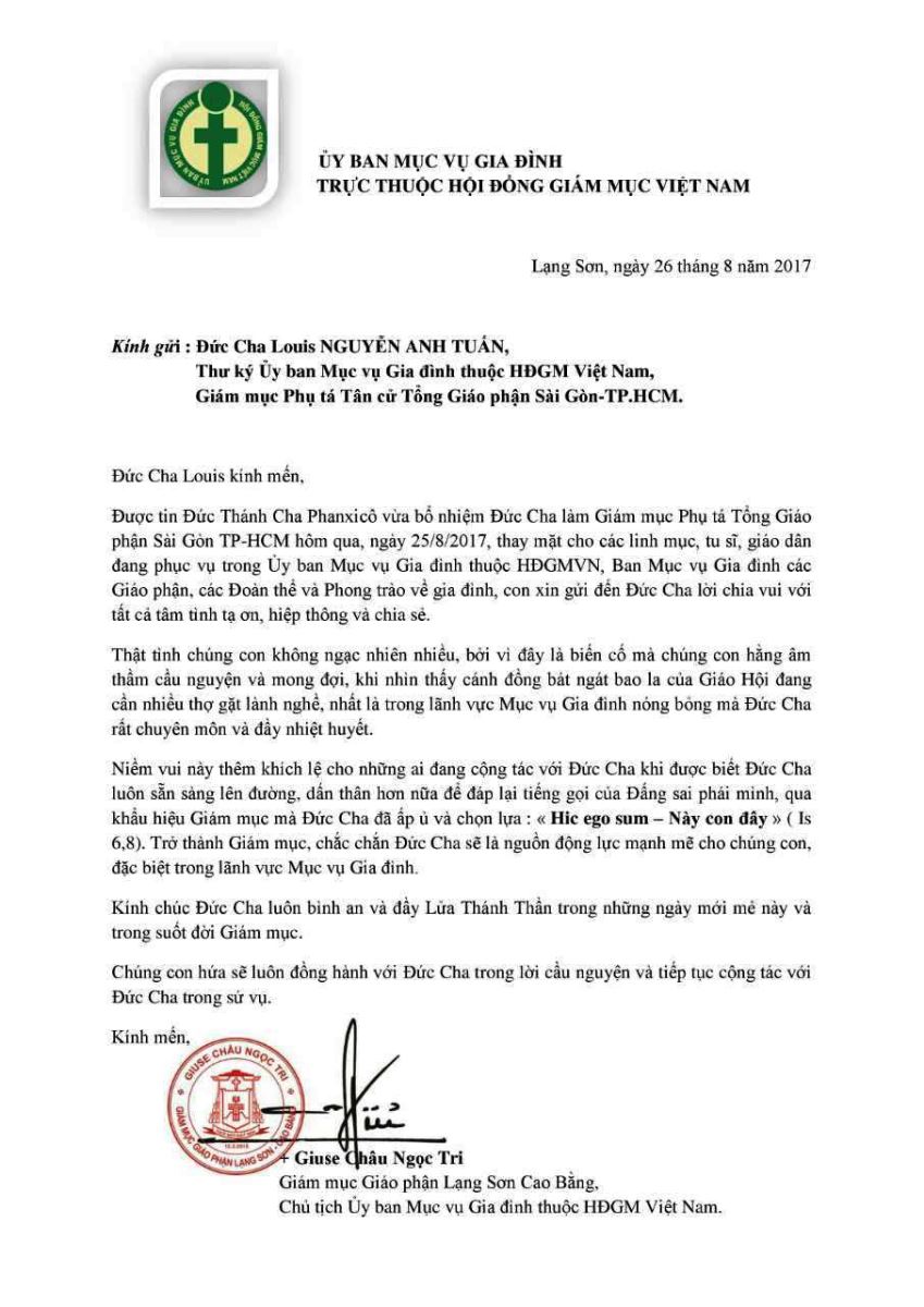 Thư Chúc mừng Đức cha Louis Nguyễn Anh Tuấn