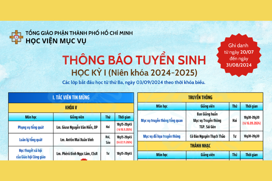 Học viện Mục vụ - Thông báo tuyển sinh học kỳ I (2024-2025)