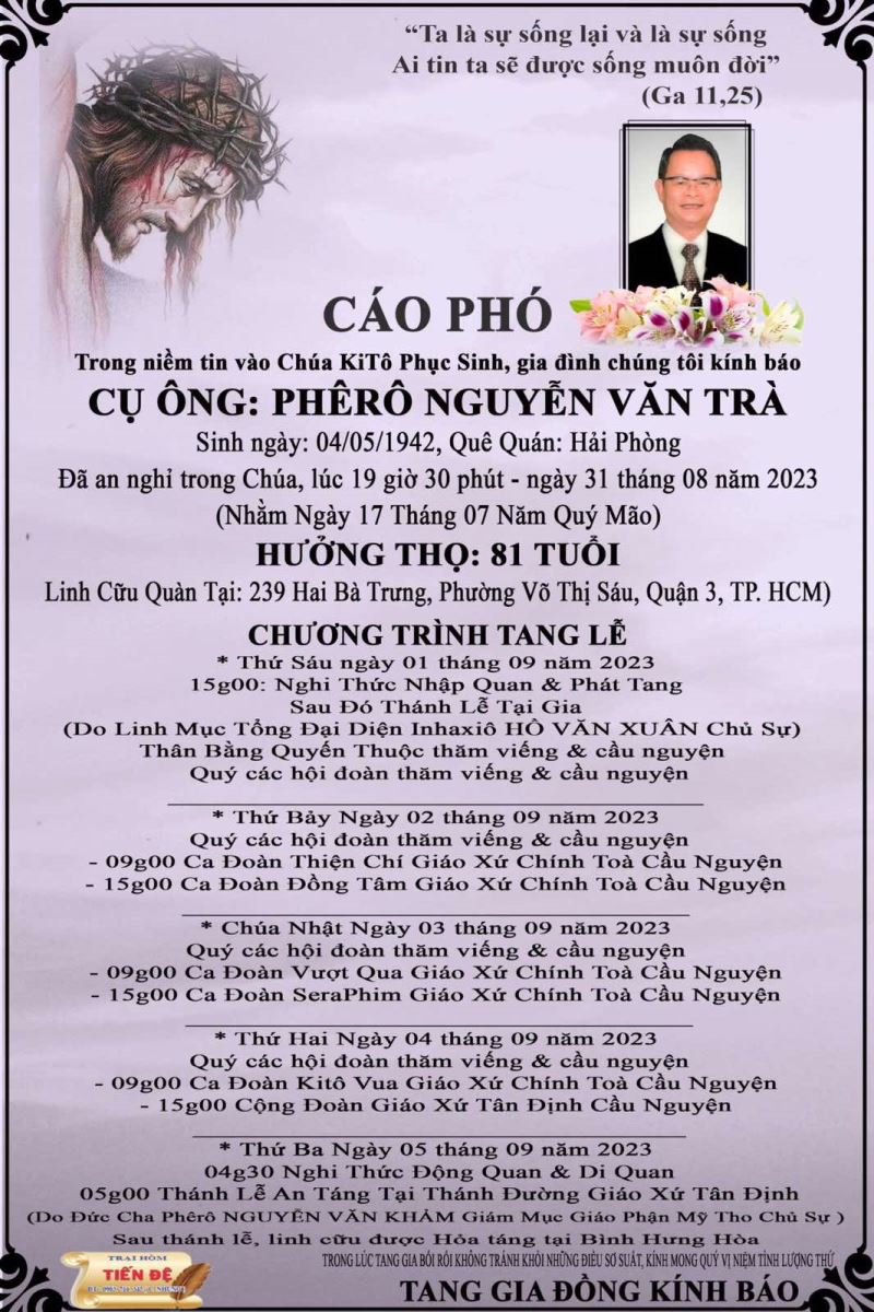 Cáo phó: Cụ Ông Phêrô Nguyễn Văn Trà