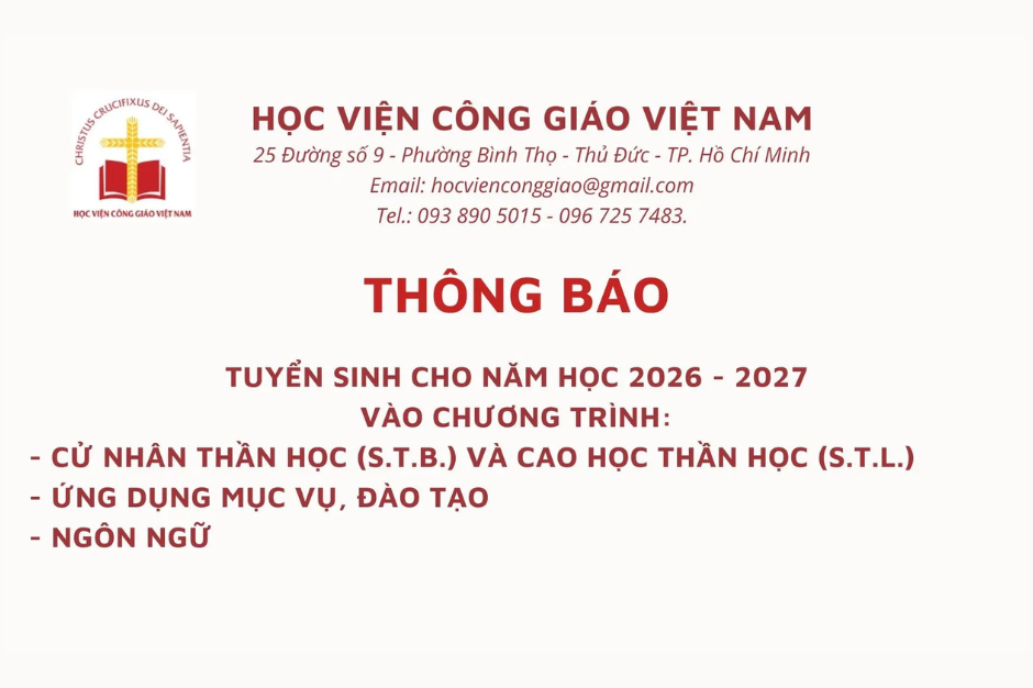 Học viện Công Giáo Việt Nam thông báo tuyển sinh chương trình Thần học, Mục vụ và Ngôn ngữ năm 2026